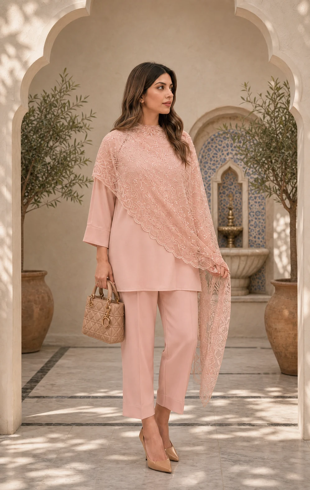 French Knott blush two piece with lace drape in a sunlit Lahore courtyard